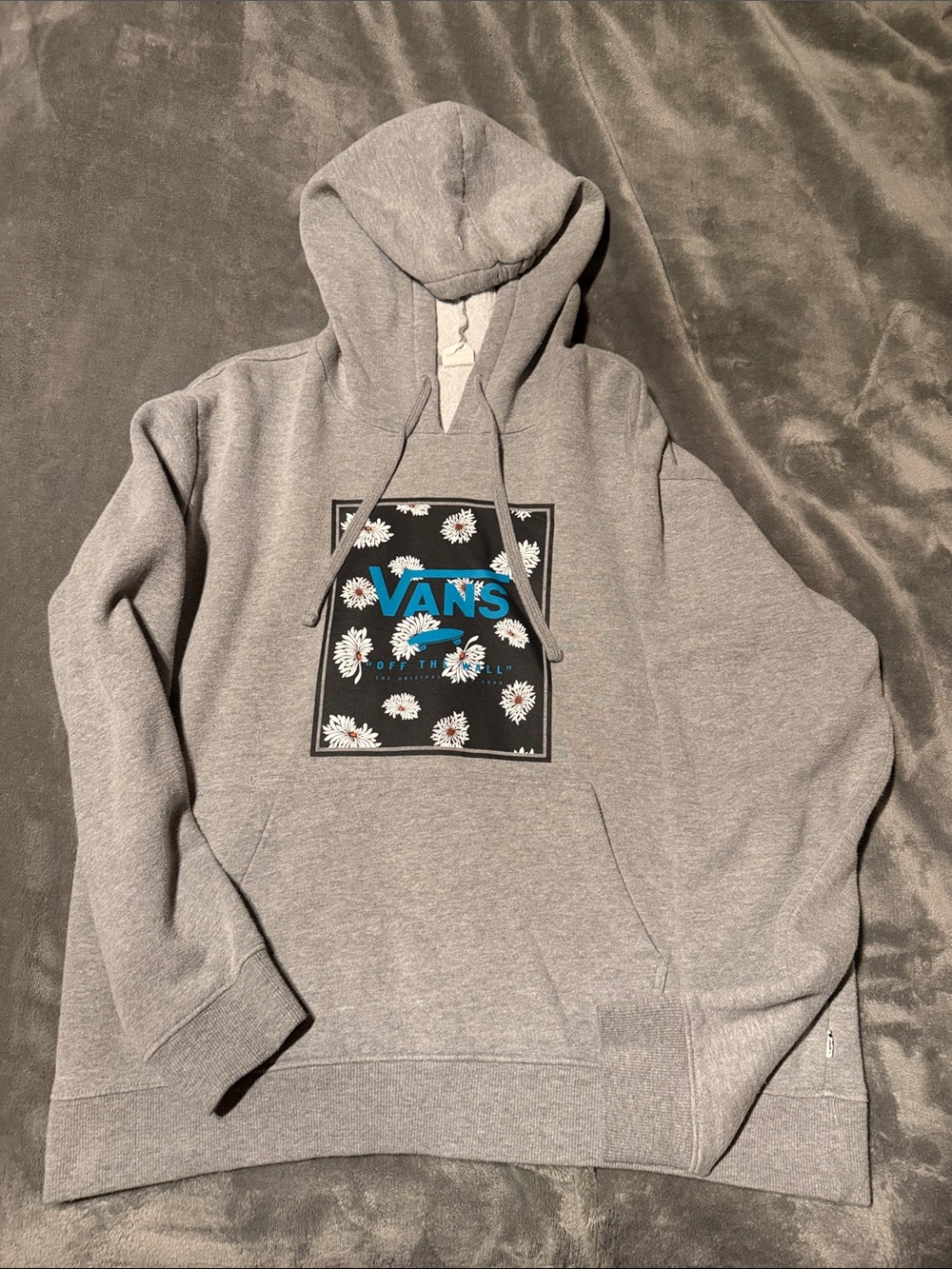 Vans Gray Hoodie with Floral Box Logo and Blue Vans Script